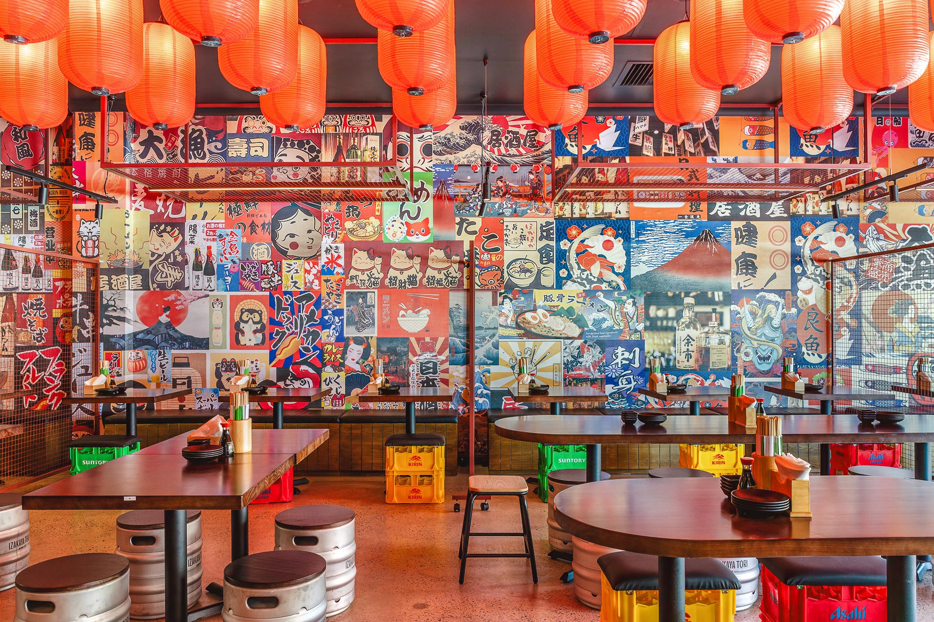 Funky bar restaurant design with red lantern lights in Victoria Park, Perth WA