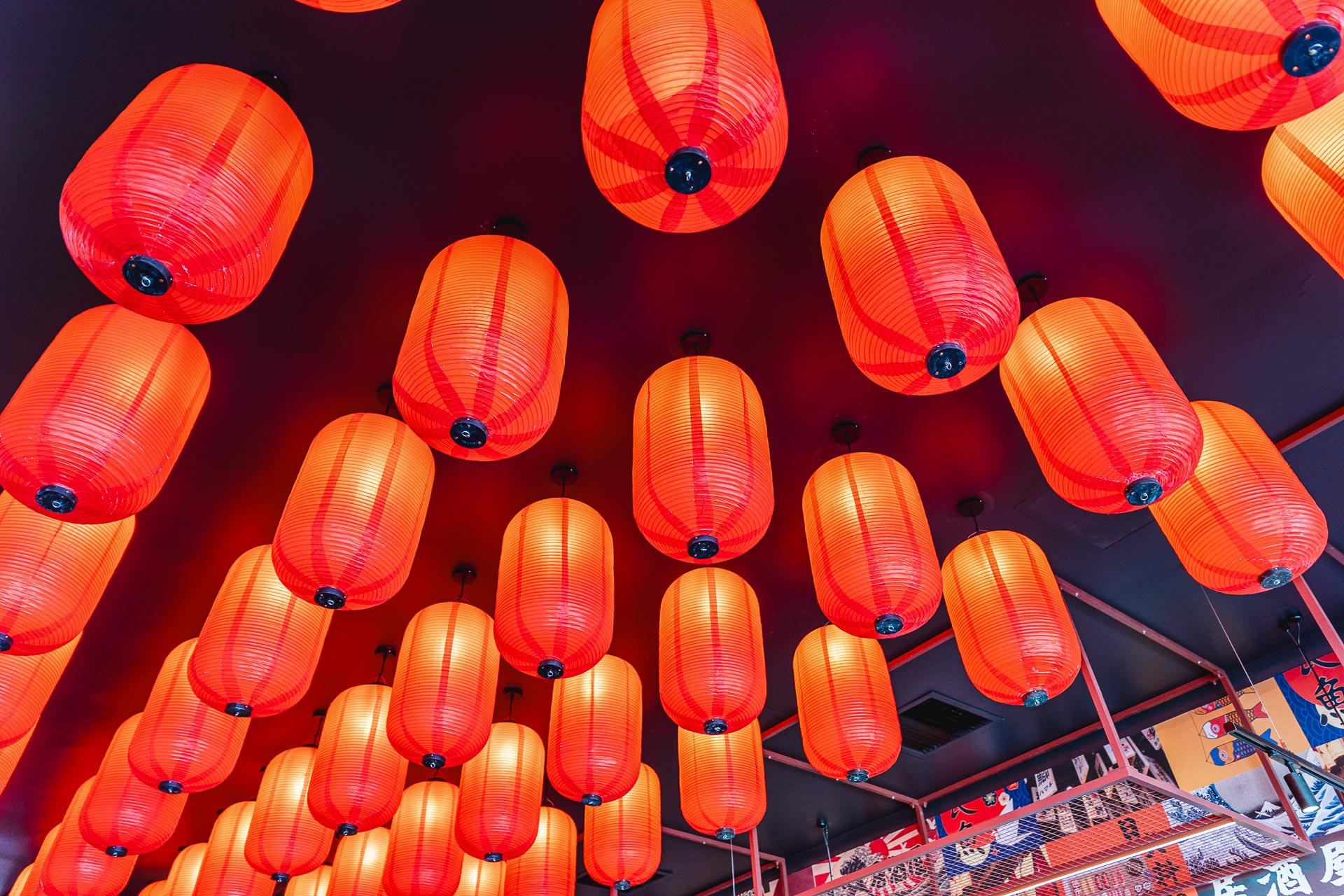 Funky bar restaurant design with red lantern lights in Victoria Park, Perth
